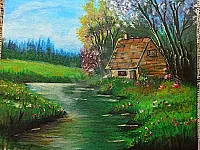 لوحة الطبيعة و المنزل الريفي بألوان الإكرليك الأبعاد :35 × 50 سم