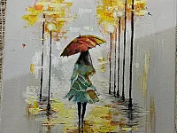 لوحة الفتاة تحت المطر و المصابيح بألوان الإكرليك الأبعاد : 30 × 50 سم